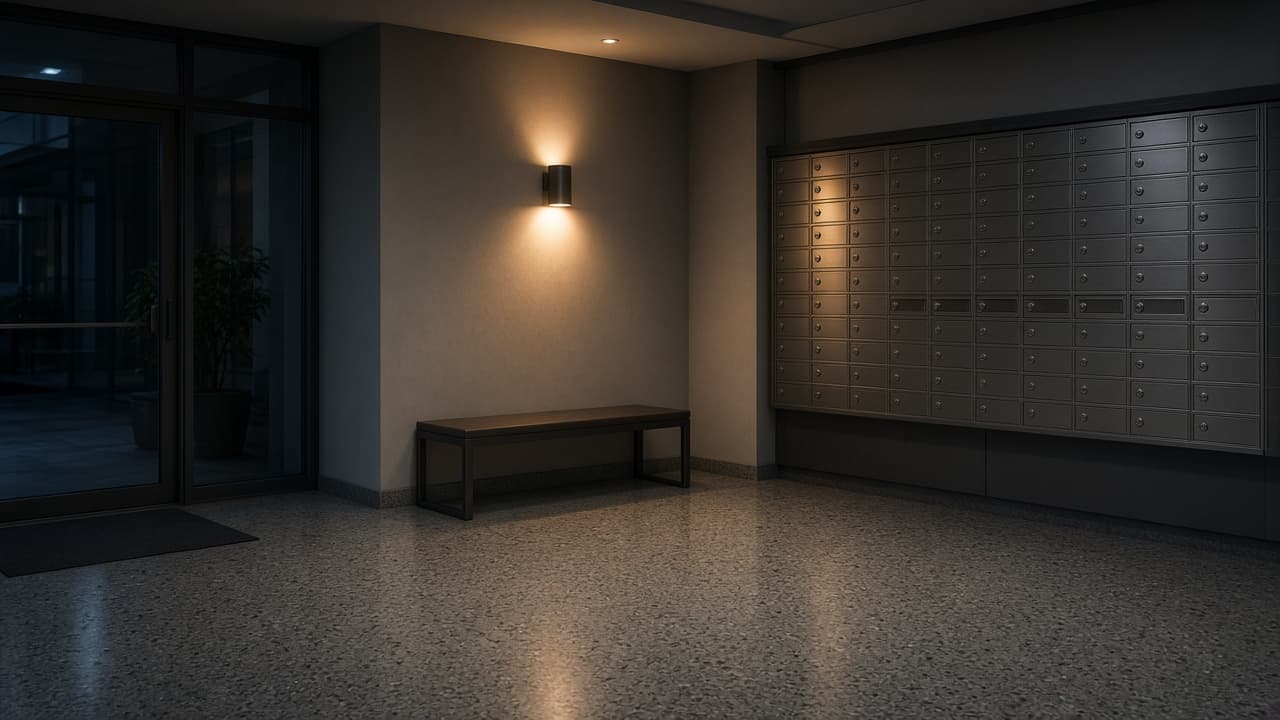 Condo lobby at night, warm light on terrazzo and mailboxes
